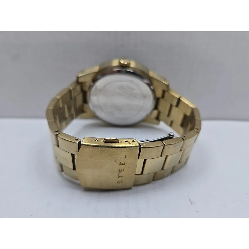 Mens Guess Steel Gold Tone 44mm Day Date Watch 100M Quartz New Battery Classic
